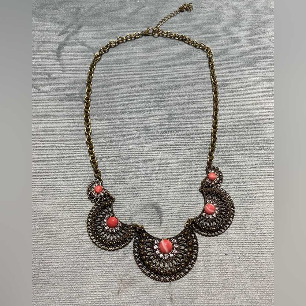 Vintage fan shaped  bronze statement, necklace w/ coral beads, gemstones